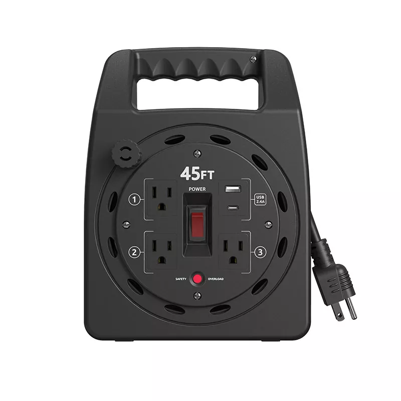 3 udtag Usb2.4a plastikledningsrulle 45 fod med overbelastningsbeskyttelse 3 udtag Usb2.4a plastikledningsrulle 45 fod med overbelastningsbeskyttelse